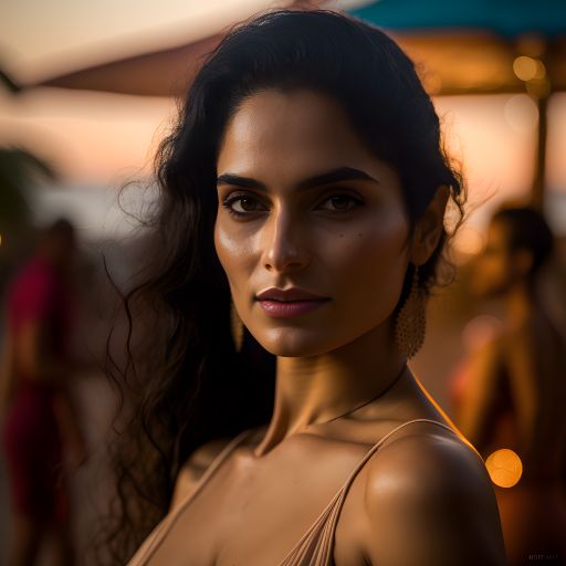 Young indian woman enjoys beach party at sunset on vacation