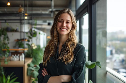 Confident woman smiling in a modern office environment