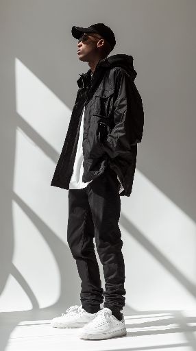 Man in stylish urban wear posing with dramatic shadows