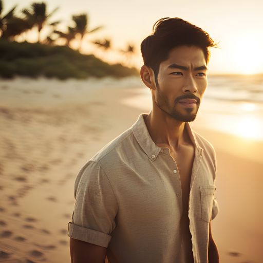 A golden hour portrait of an Asian man in his thirties, who appears at peace as he walks along a tropical beach.