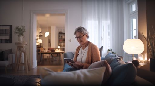 65 years old woman holding tablet at home