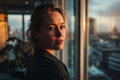 Woman gazing out a window at sunset with cityscape in background
