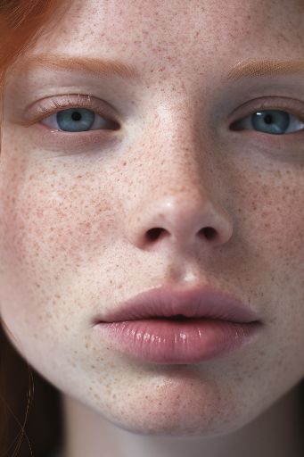 a close up of a woman with freckles and pale skin, in the style of uhd image, light gray and pink, solarizing master, lightbox, blink-and-you-miss-it detail, clear edge definition, exacting precision --ar 2:3 --v 5.2