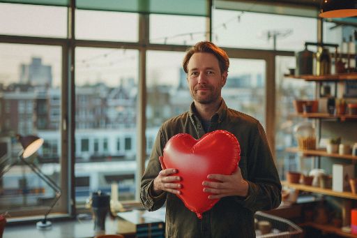 Man holding a red heart-shaped balloon in a cozy room with city view