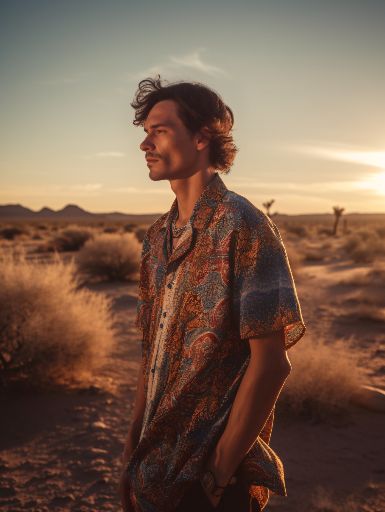 Alternative 60s hippies fashion shoot male in desert landscape. Portrait orientation