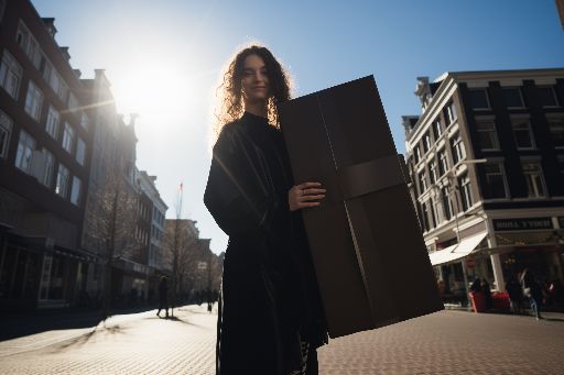 Woman holding a large gift on the street