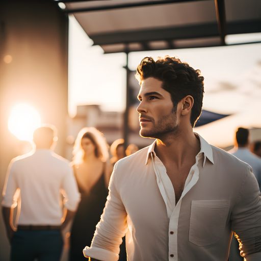 Man walking in golden hour light at a lively party.