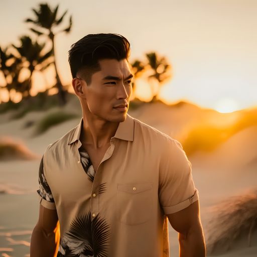 The gorgeous golden hour sun shines on this Asian man as he walks along the picturesque shore of a tropical beach.