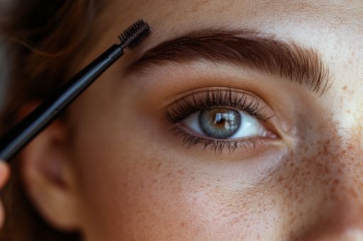 Close-up of a woman's eye with a mascara brush near her eyebrows