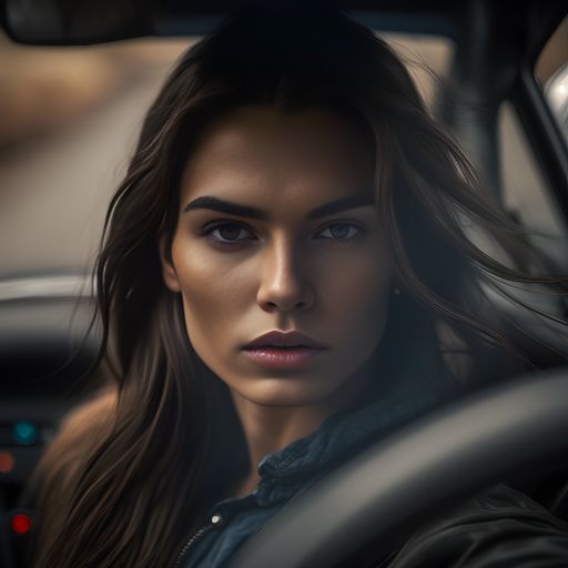 Woman driving car, focused on her determined expression.