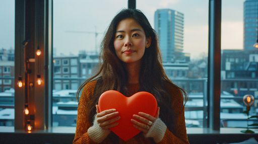 Woman holding a heart-shaped object with a cityscape background