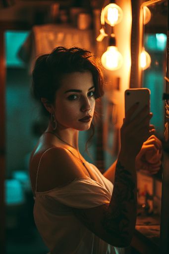 Woman taking a selfie in moody lighting