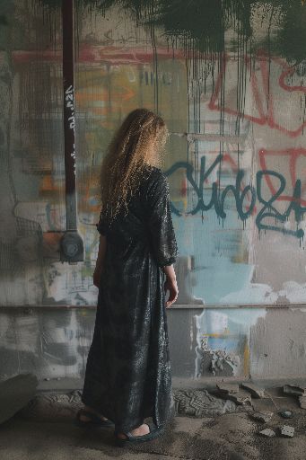 Woman in a dress standing before a graffiti-covered wall