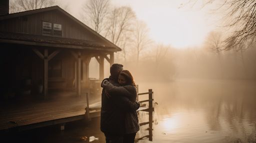 Couple embrace on dock at dusk
