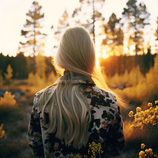 Woman in north european forest as sun sets