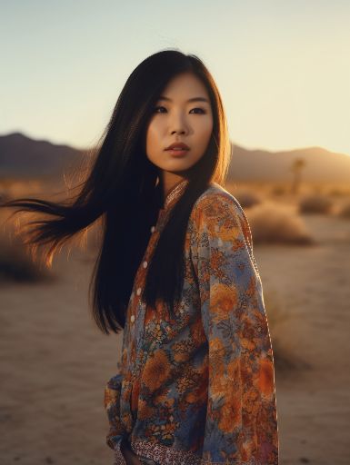Alternative 60s hippies fashion shoot, woman in desert landscape. Portrait orientation