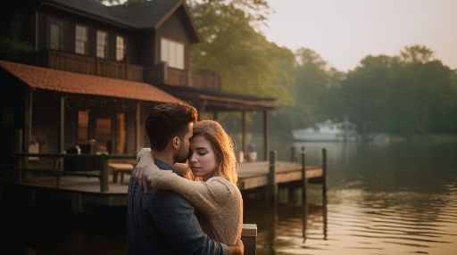 Couple embrace on dock at dusk
