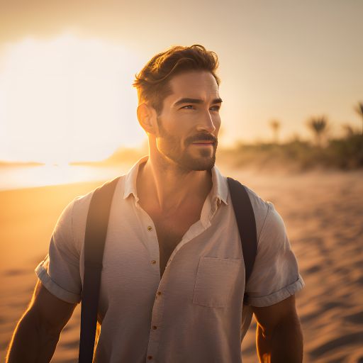 Portrait of a man walking on a tropical beach with sun illuminating his face