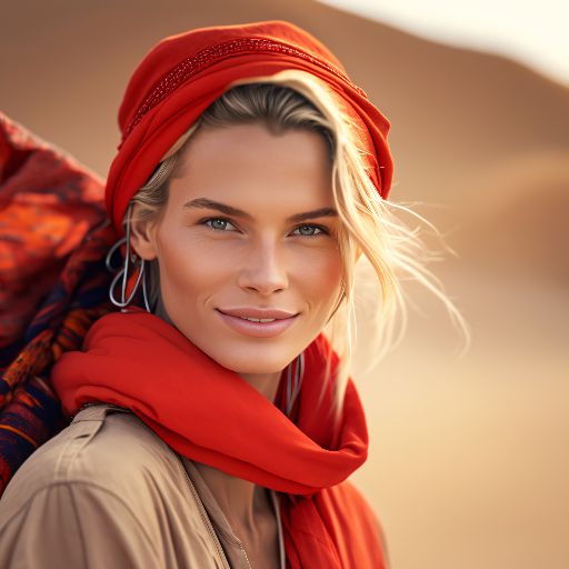 Colorful desert: A woman in a colorful dress with red accents against a desert background
