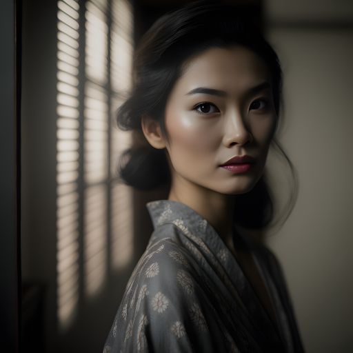 Asian woman, serious gaze, indoor portrait