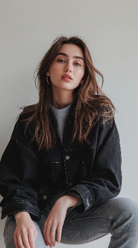 Woman in a casual denim jacket and grey pants posing