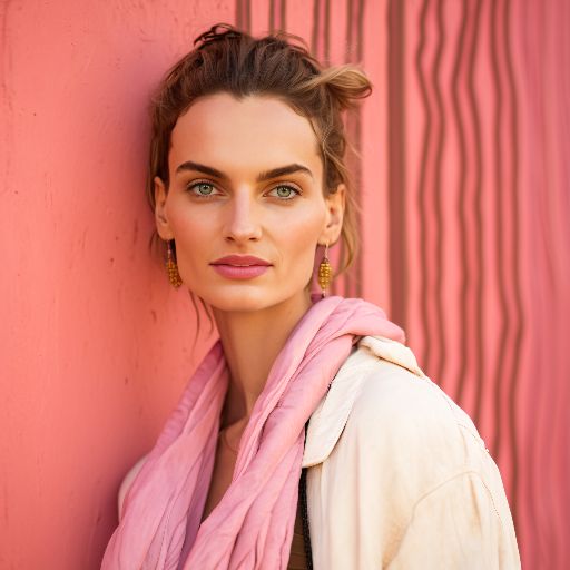 A woman stands against a pink wall.