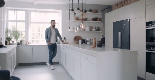 wide shot of homeowner standing in a kitchen