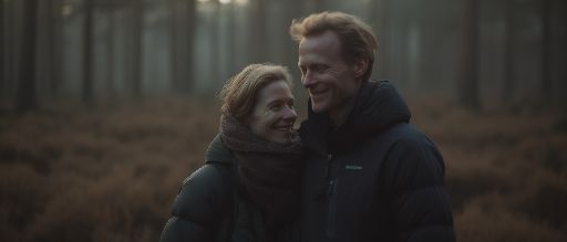 A couple embracing winter magic in forest: cinematic golden hour portrait