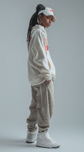 A person in casual streetwear posing against a grey background