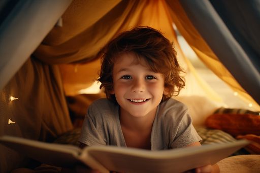 Boy reading book in home tent