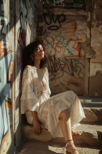 Woman in white dress sitting by graffiti wall, sunlight filtering in