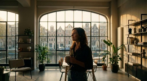 Woman holding a mug in a stylish room with large windows.