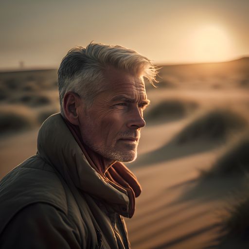 A man takes a peaceful walk through the dunes at dusk, the colors of the sunset casting a warm glow over the landscape.