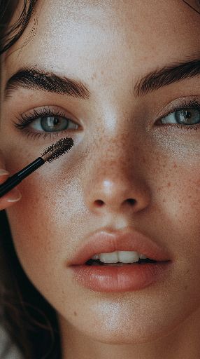 Close-up of a woman applying mascara, highlighting her freckles and blue eyes