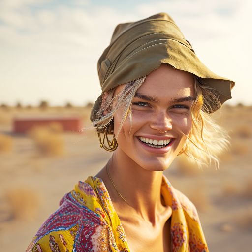 colorful desert: a portrait of a woman against a indian desert background.