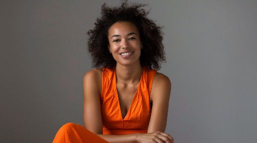 Radiant woman with curly hair smiling in orange attire