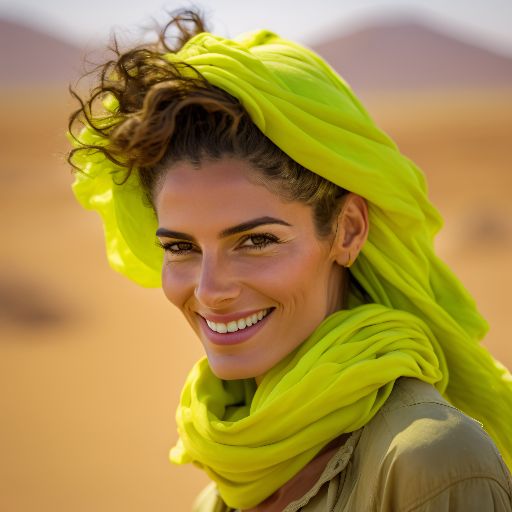 Colorful desert: A woman in a lime green outfit against a desert background