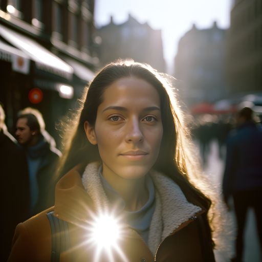 Happy Traveler in Amsterdam: A Portrait of a Woman in Sunlight with a Crowded Road and Backlighting Lens Flare