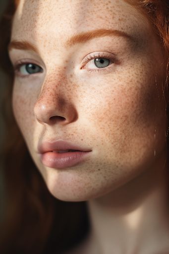 close-up of woman's freckled face.