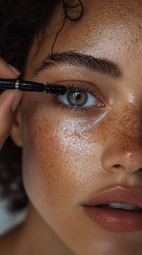 Close-up of a woman applying mascara, highlighting her freckles and blue eyes