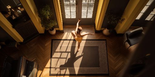Woman practicing yoga in opulent dutch living room