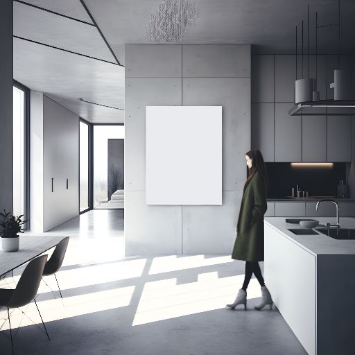 Contemporary interior: woman walking in a minimalist house.
