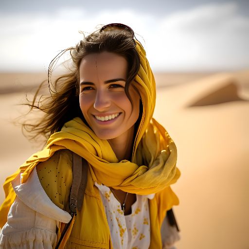 portrait happy Greek fashion model woman in the Sahara ye