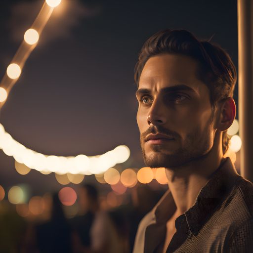 Close-up of man at rooftop party on warm summer night