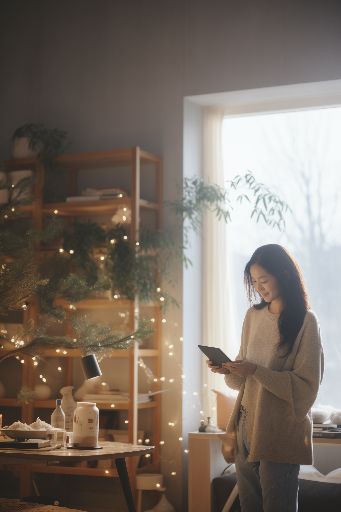 Woman in christmas decorated living room