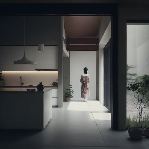 Contemporary interior: woman walking in minimalist house