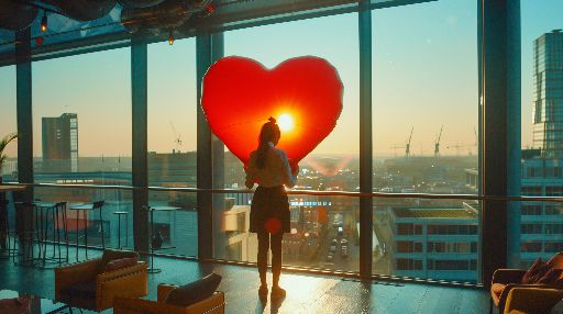 Silhouette of a person holding a heart-shaped balloon against a sunset cityscape