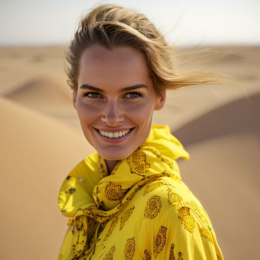 Colorful desert: A woman in a yellow dress against a desert background