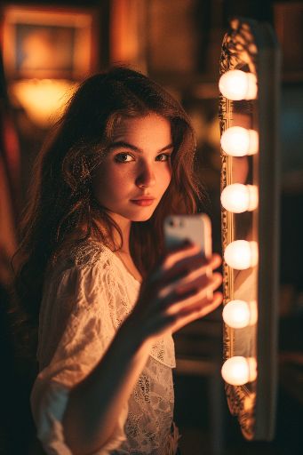 Young woman taking a selfie by a lit vanity mirror