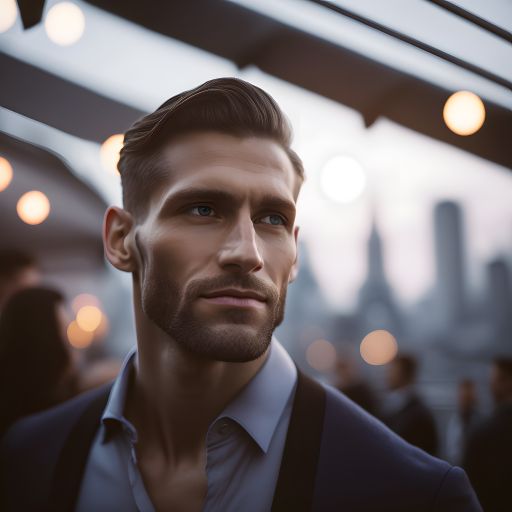 Man enjoying rooftop office party with city skyline in background.